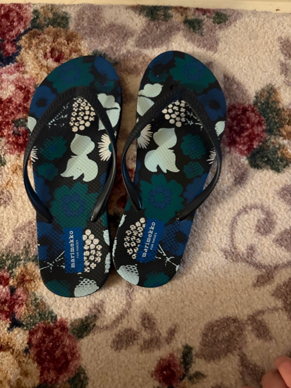 Marimekko Floral Pattern Flip Flops in Blue and Green